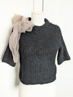 NWOT Zara Organza Bow Black Fuzzy Knit Top Small